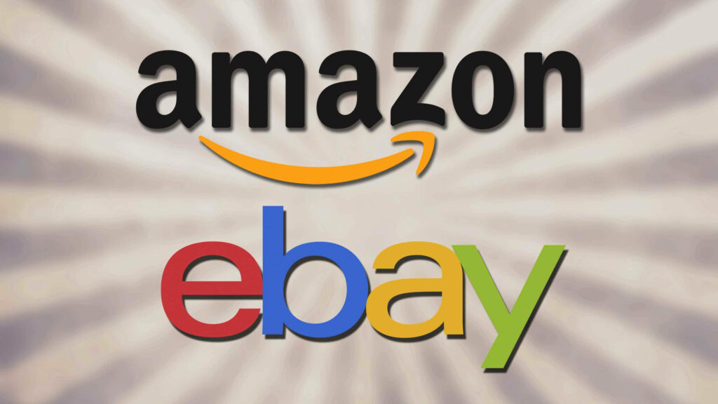 Bold Amazon and eBay logos on radiant sunburst background showcasing modern e-commerce branding Wallpaper