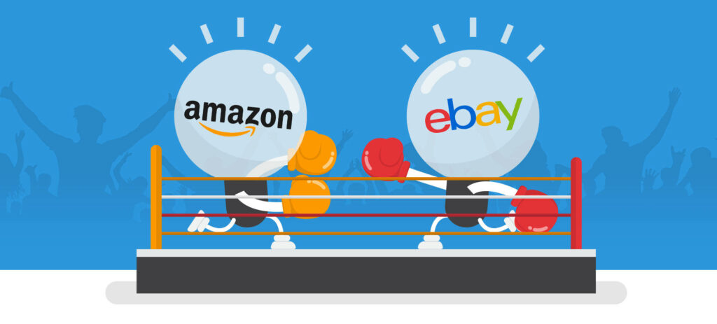 Cartoon boxing match wallpaper featuring Amazon and eBay lightbulbs competing in a ring