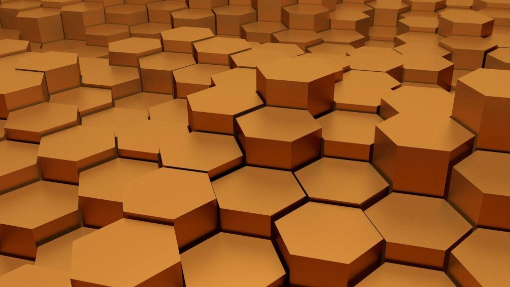 Abstract 3D amber hexagon honeycomb wallpaper with modern geometric pattern for sleek screens