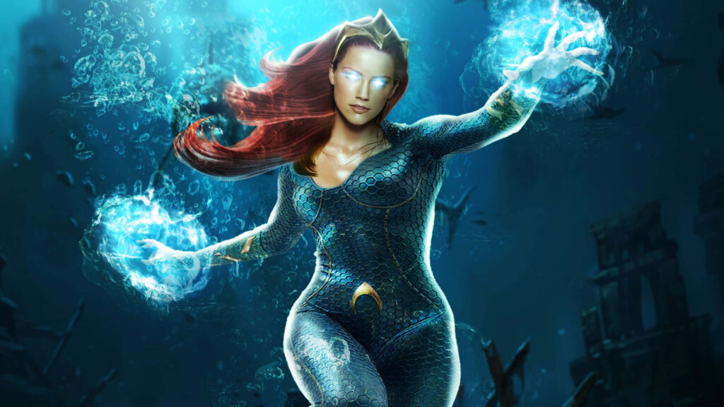 Amber Heard as Mera commands glowing water currents underwater showcasing power and energy wallpaper