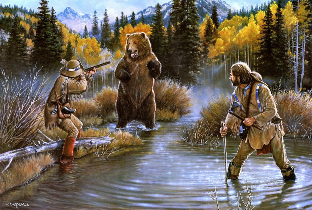 Intense Cowboy Bear Standoff in Autumn Forest Landscape Wallpaper