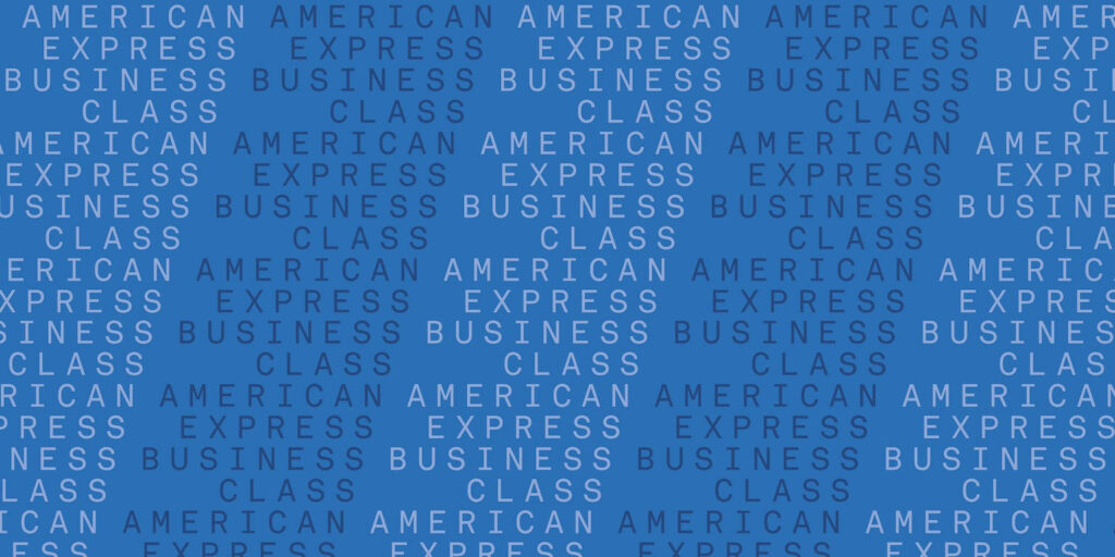 American Express Business Class bold white text repeating on solid blue professional wallpaper background