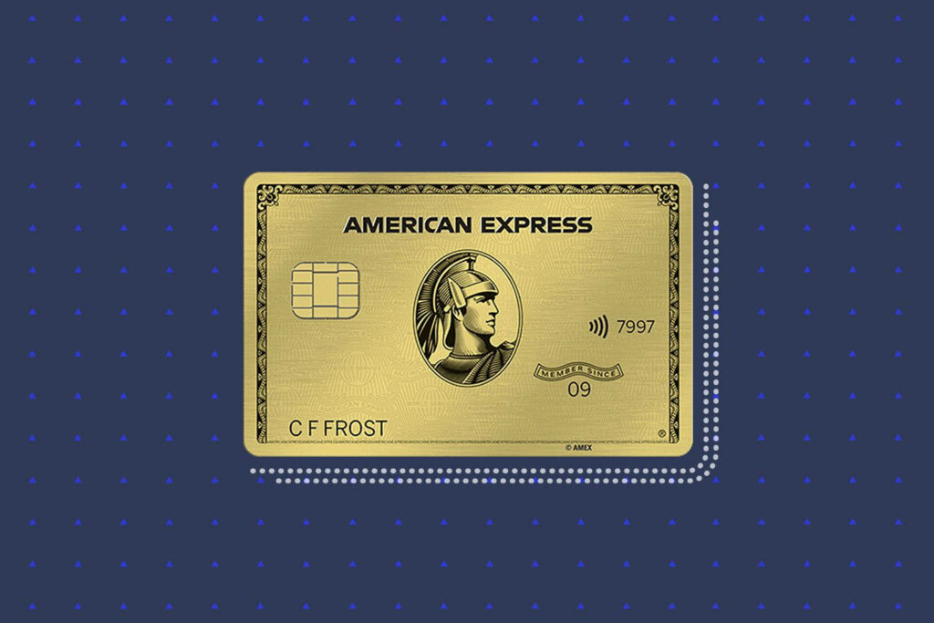 American Express Gold Credit Card on blue patterned wallpaper highlighting gold design and centurion emblem