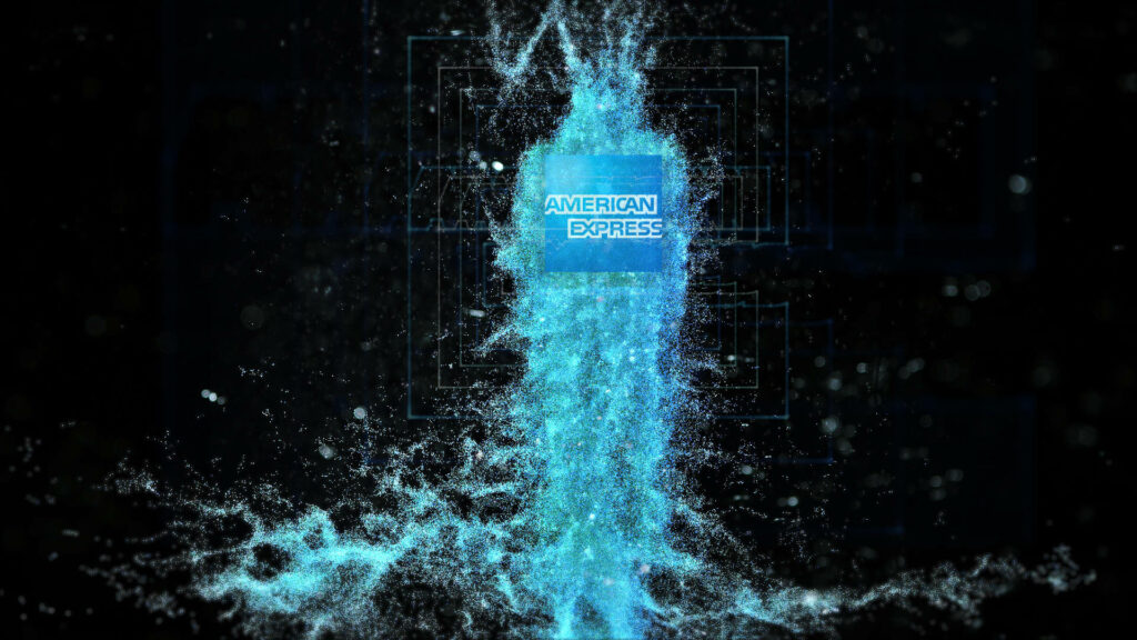 American Express logo glowing in blue digital particles matrix effect on dark wallpaper background