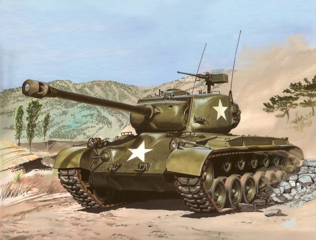 American M26 Pershing tank with white star and 90mm cannon in dusty rugged WWII battlefield wallpaper