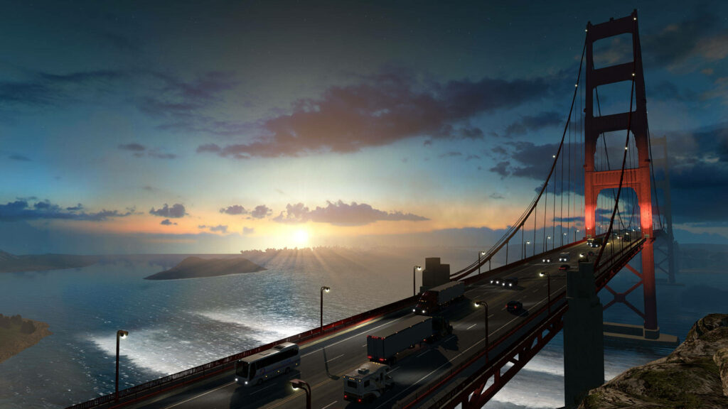 American Truck Simulator trucks crossing Golden Gate Bridge at sunset with warm sky and water light Wallpaper