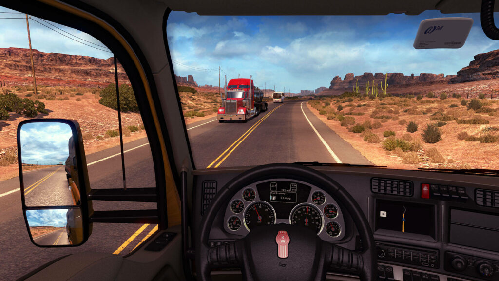 American Truck Simulator dashboard view with desert highway scenery interior wallpaper background