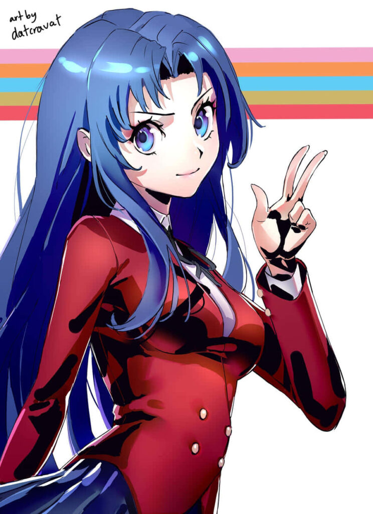 Ami Kawashima in vibrant red outfit with flowing blue hair vibrant striped wallpaper background