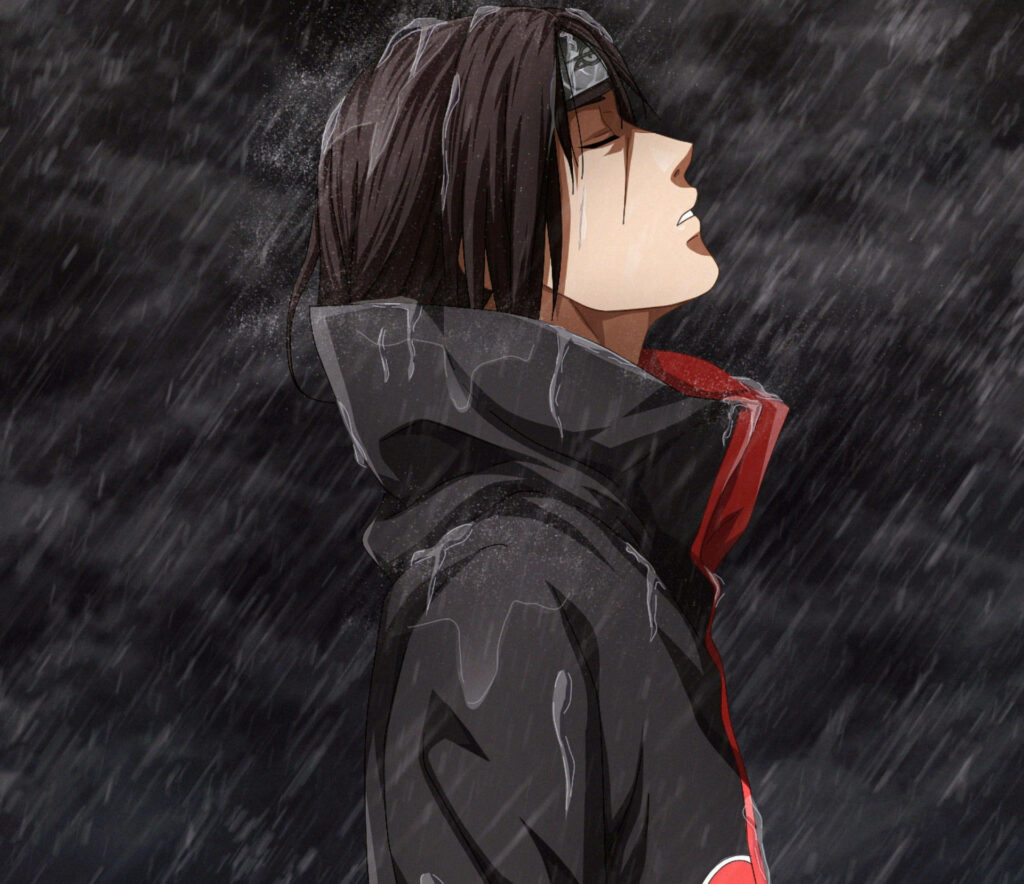 Serenity in the Rain: Akatsuki Itachi Embraces Tranquility with Closed Eyes Wallpaper