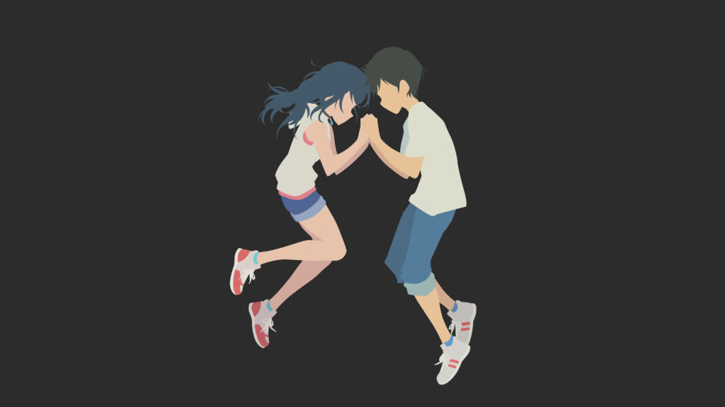 Melancholic Embrace: Hina and Hodaka in Weathering With You Minimalist Art Wallpaper