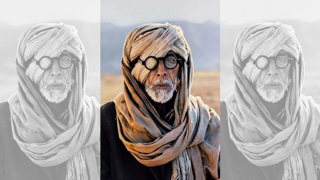 Amitabh Bachchan digital collage wallpaper rugged look traditional turban round glasses outdoor background