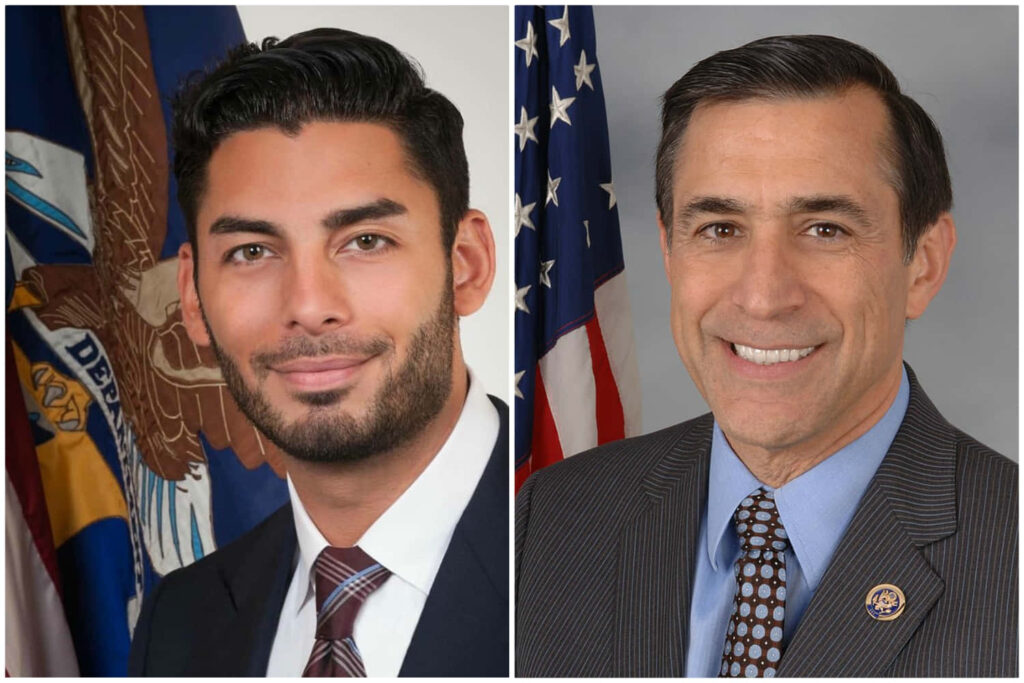 Ammar Campa-Najjar and Darrell Issa formal portraits with American flags government emblems background Wallpaper