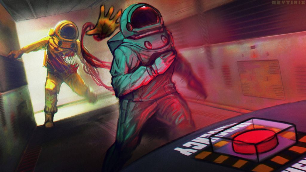Among Us 4K wallpaper intense spaceship chase teal crewmate fleeing mutated yellow imposter red lighting