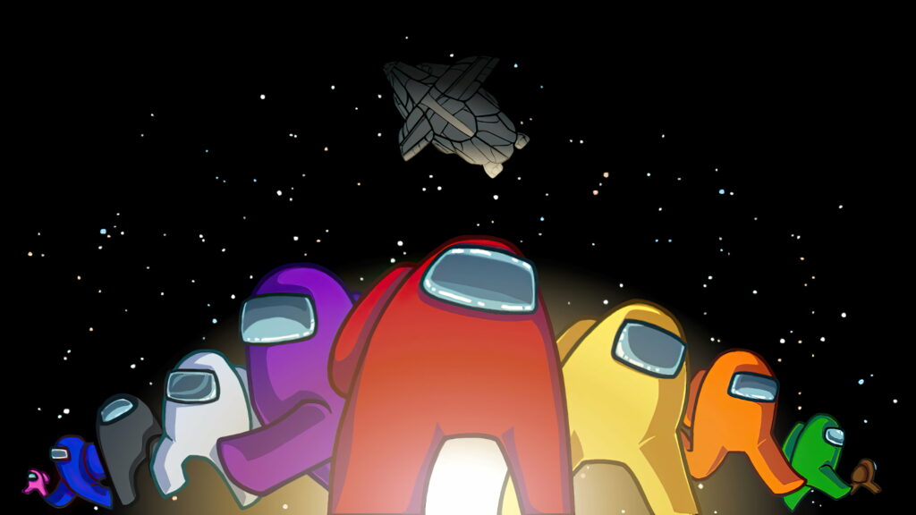 Among Us wallpaper with colorful crewmates under spaceship in a starry deep space background