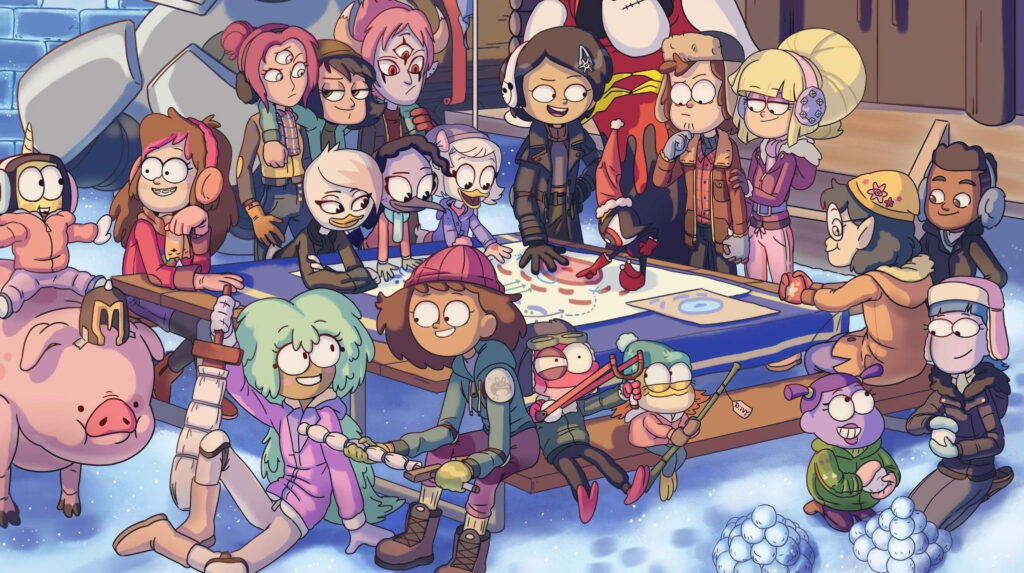Disney Amphibia characters in winter gear having a playful snowball fight on snowy day wallpaper