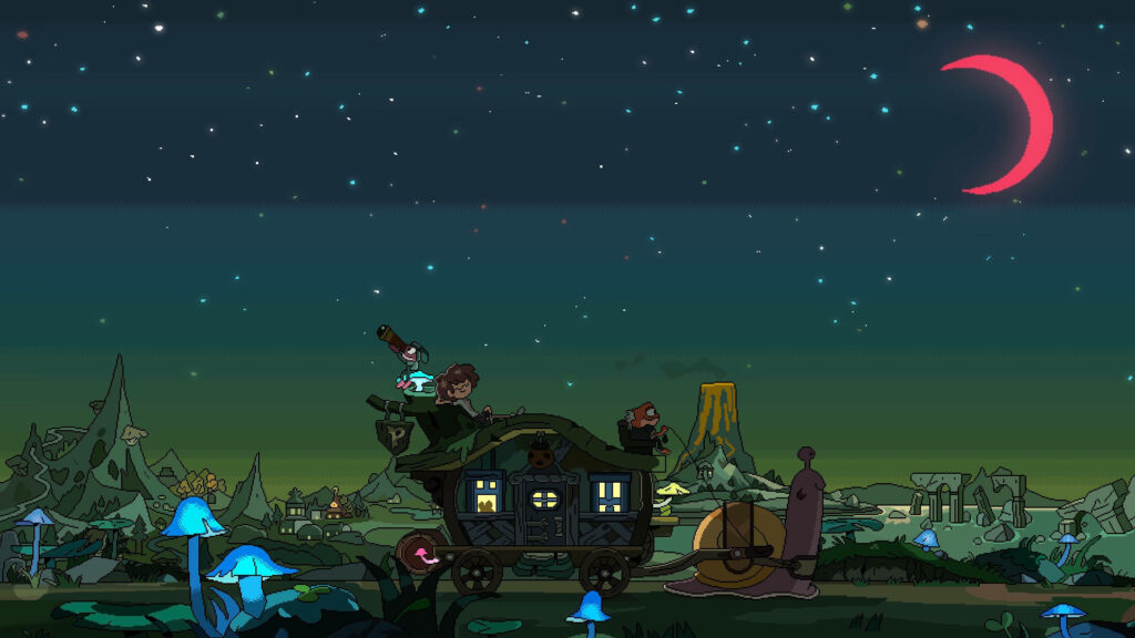 Amphibia TV series night wallpaper with characters stargazing on wagon glowing mushrooms forest
