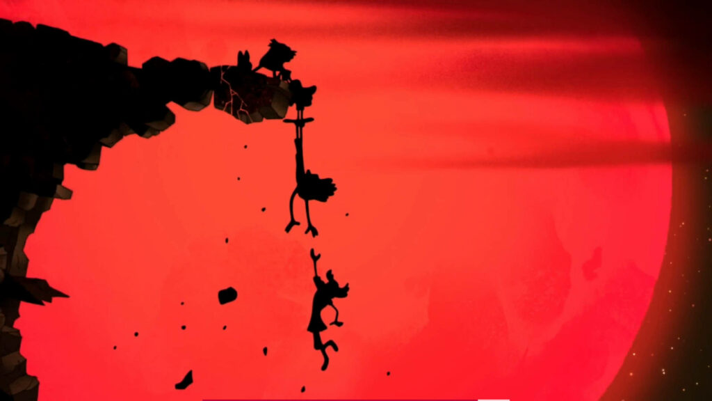 Amphibia TV series silhouette characters hanging from cliff at red sunset dramatic wallpaper