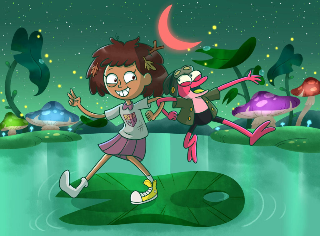 Amphibia TV characters dancing on giant lily pads under crescent moon with glowing plants wallpaper