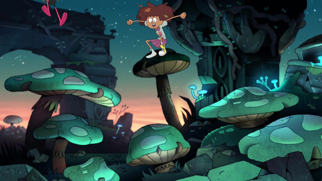 Amphibia TV wallpaper showing main character exploring glowing mushrooms in lush magical biome