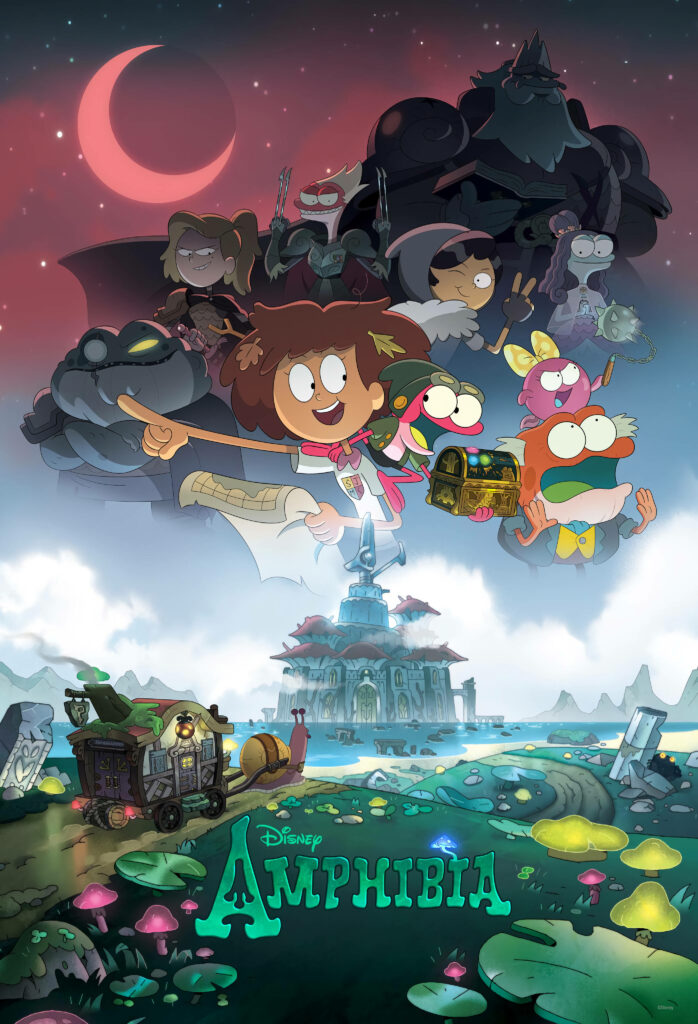 Amphibia TV series poster wallpaper with main characters in mystical landscape full of adventure