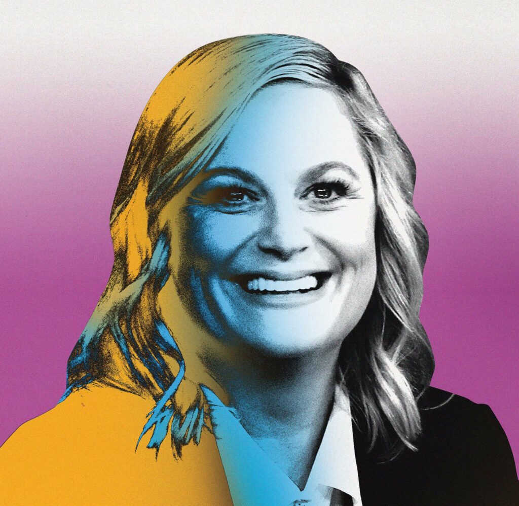 Vibrant vector wallpaper of Amy Poehler smiling with blue yellow purple gradient background