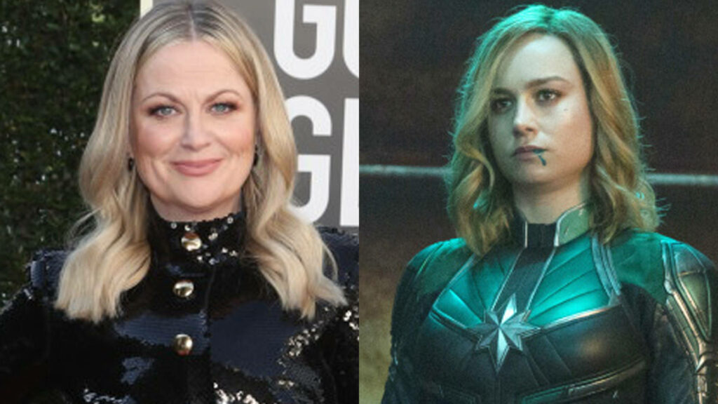 Split screen wallpaper of Amy Poehler and Brie Larson as Captain Marvel dynamic actress duo