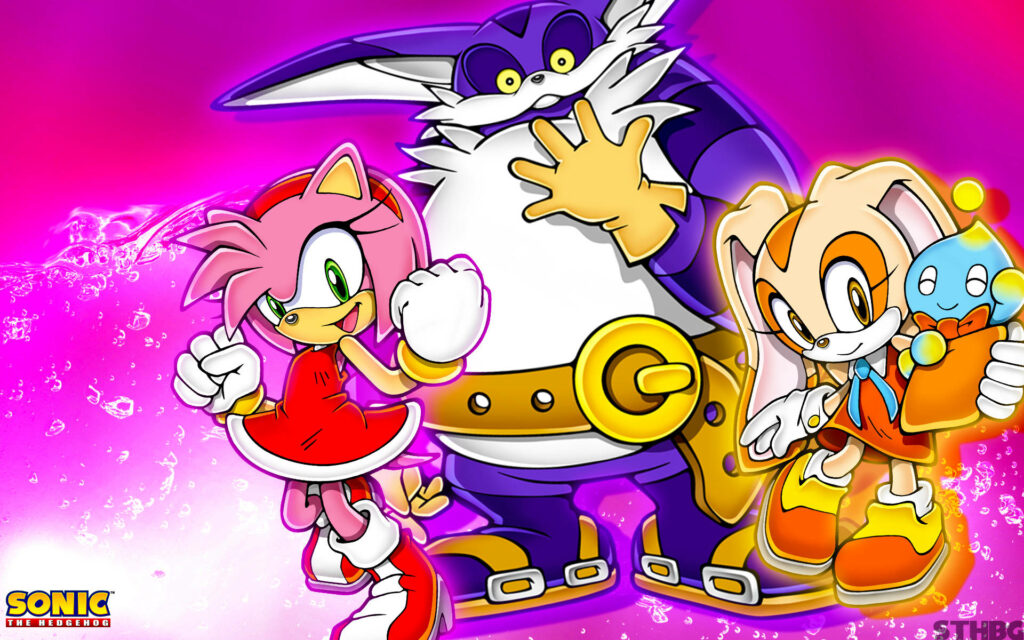 Amy Rose Big the Cat and Cream the Rabbit Sonic the Hedgehog vibrant pink wallpaper background