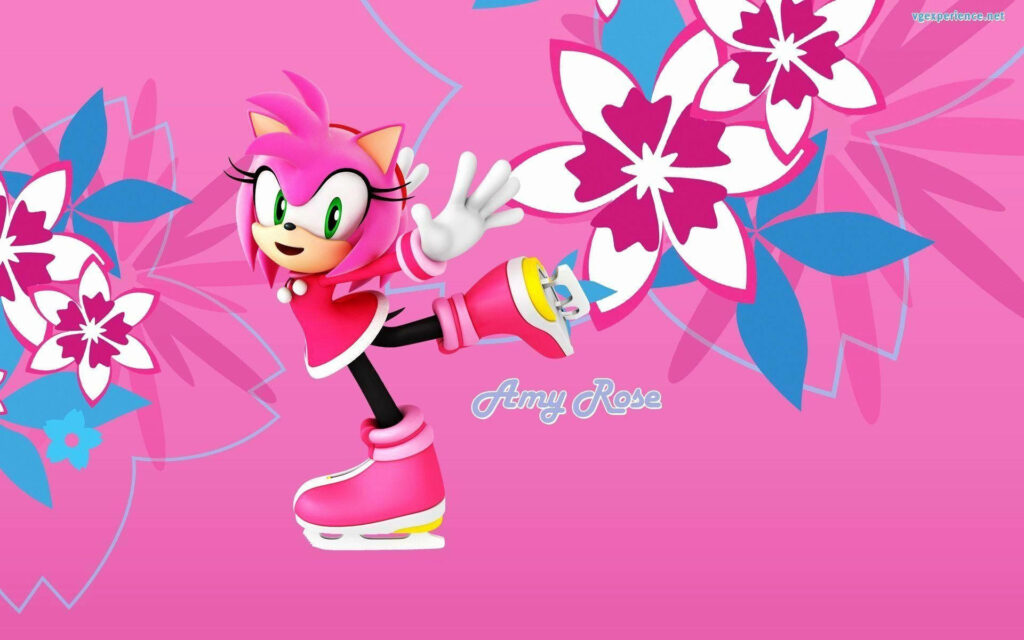 Amy Rose smiling cheerfully against a vibrant pink floral wallpaper background design