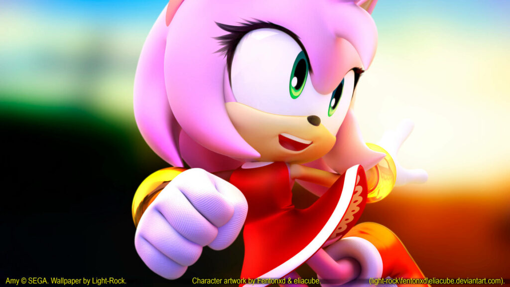 Amy Rose vibrant 3D art wallpaper dynamic pose colorful blurred background energetic character