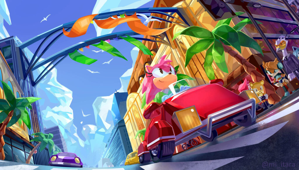 Amy Rose driving red car in vibrant Sonic R city with palm trees bright buildings racing background Wallpaper