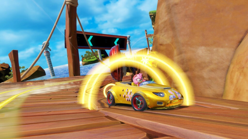 Amy Rose driving yellow cabriolet glowing energy effects wooden track bright island background wallpaper
