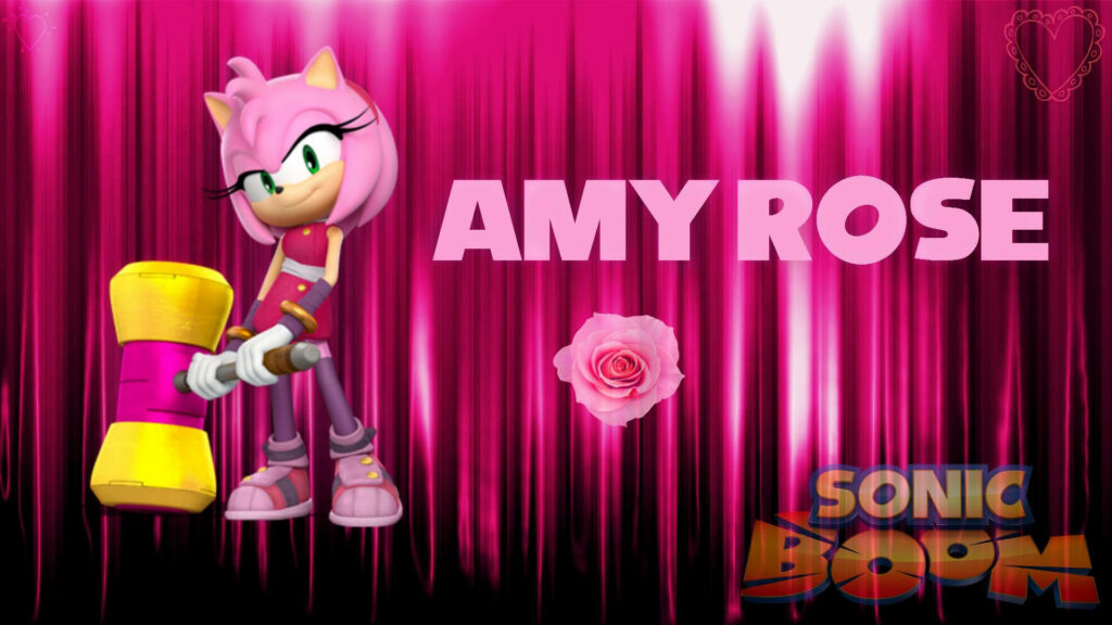 Amy Rose holding signature hammer against vibrant pink Sonic Boom wallpaper with bold name text
