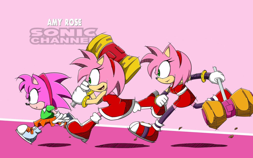 Amy Rose Sonic Generations wallpaper showing her vibrant character evolution on pink background