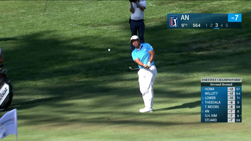 An Byeong-hun chip shot at Fortinet Championship on lush green fairway during bright daylight Wallpaper
