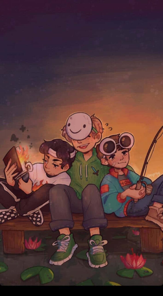 A Captivating Encounter: An Animated Dream Team Enjoys a Stunning Orange Night Sky Backdrop Wallpaper