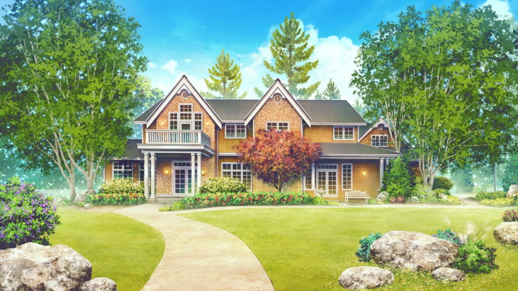 Enchanting Anime Escape: A Serene Dwelling Amidst Lush Greenery Wallpaper