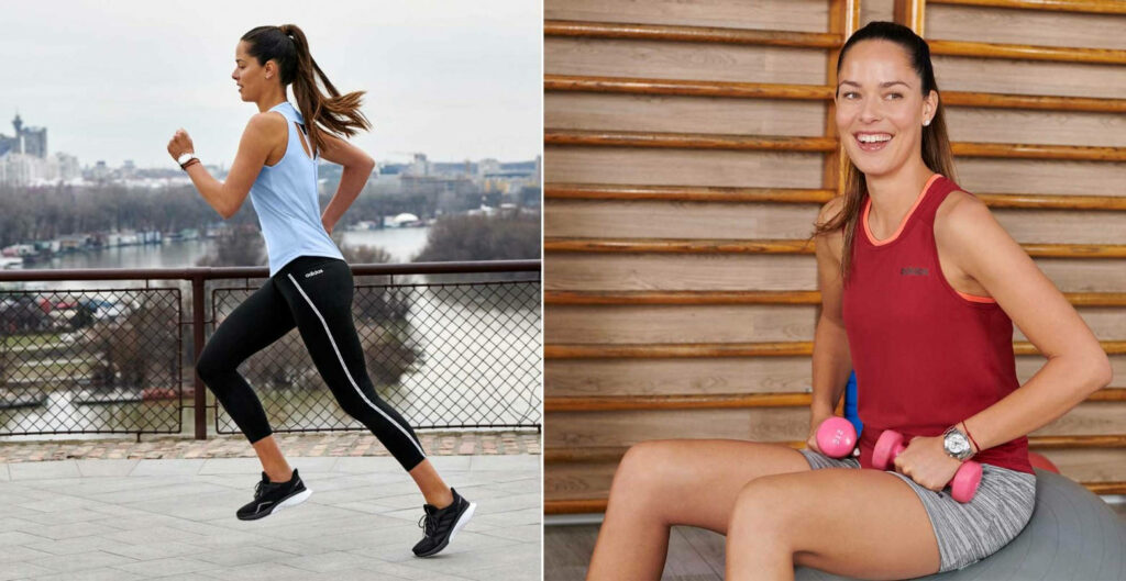 Ana Ivanovic running outdoors and lifting dumbbells indoors active fitness workout wallpaper background