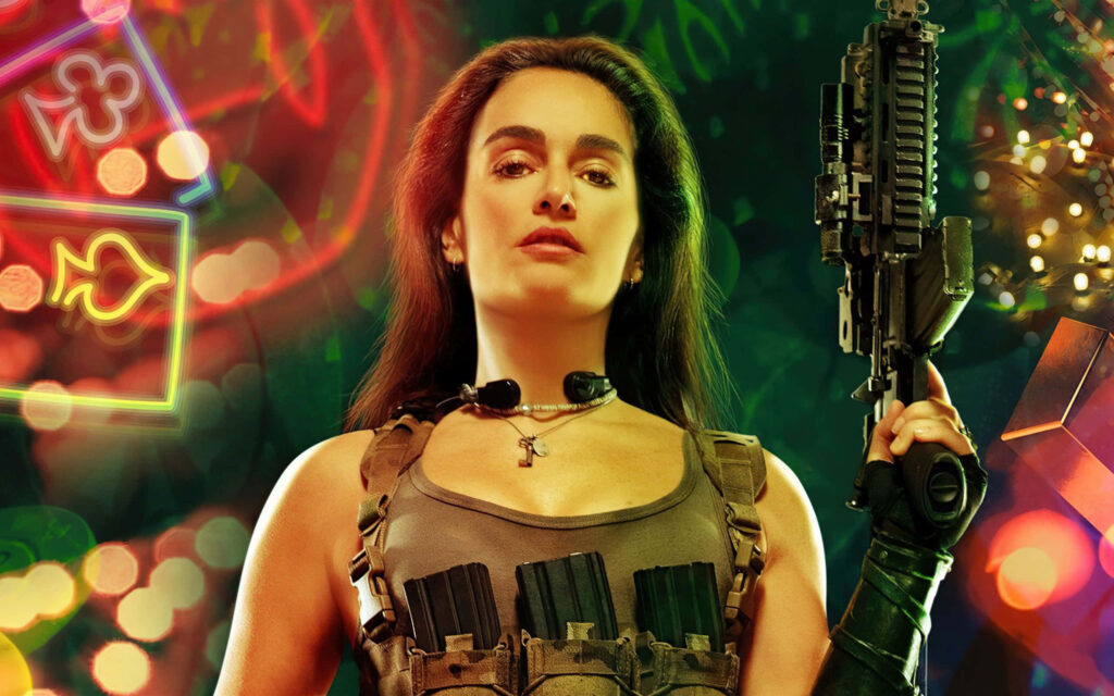 Ana de la Reguera in tactical gear vibrant colorful background dynamic striking wallpaper