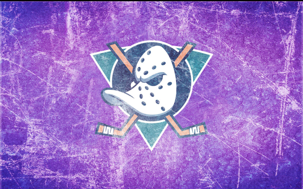 Anaheim Ducks logo with crossed hockey sticks on textured purple rink wallpaper background
