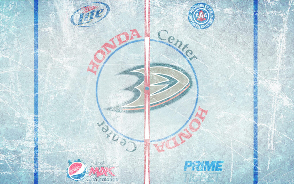 Overhead view of Anaheim Ducks hockey rink at Honda Center with logo and rink markings Wallpaper