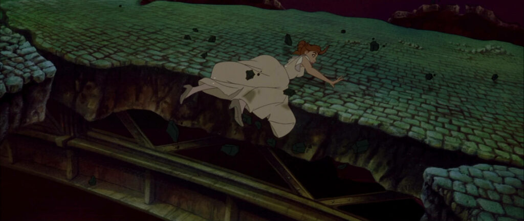 Anastasia escaping crumbling ground with falling rubble creating urgent danger wallpaper background