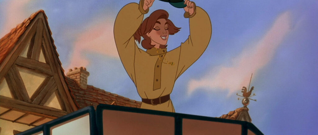 Anastasia character smiling lifting hat in open carriage with charming rooftop wallpaper background