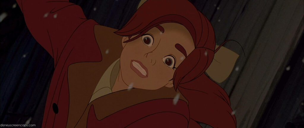 Anastasia clings to moving train in snowy animated film scene intense action wallpaper background