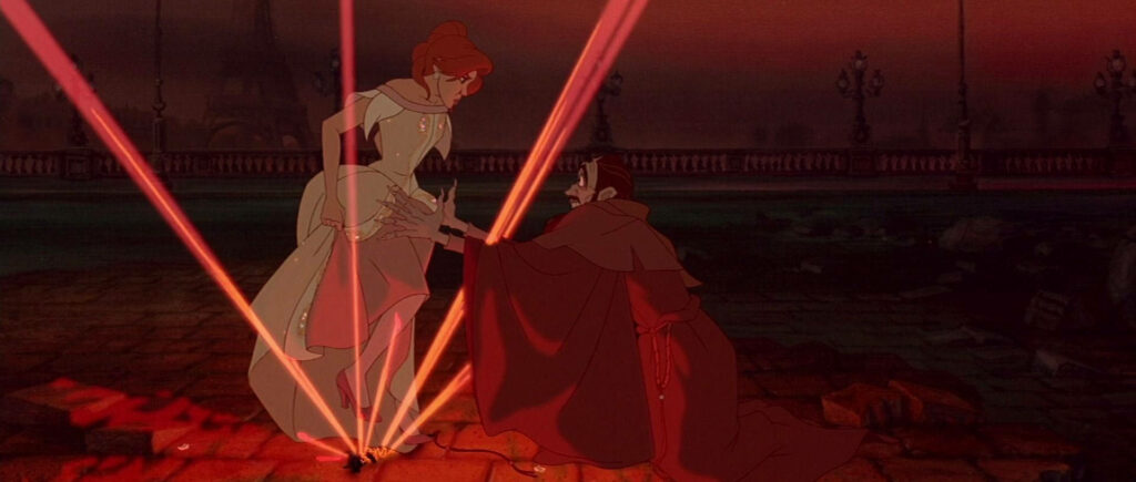 Anastasia confronting Rasputin at night with red mystical energy beams intense battle wallpaper