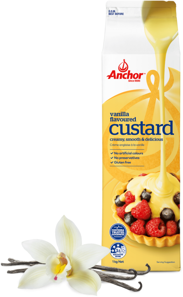 Anchor Vanilla Custard: Creamy Dessert with Fresh Fruits & Vanilla Flowers Wallpaper