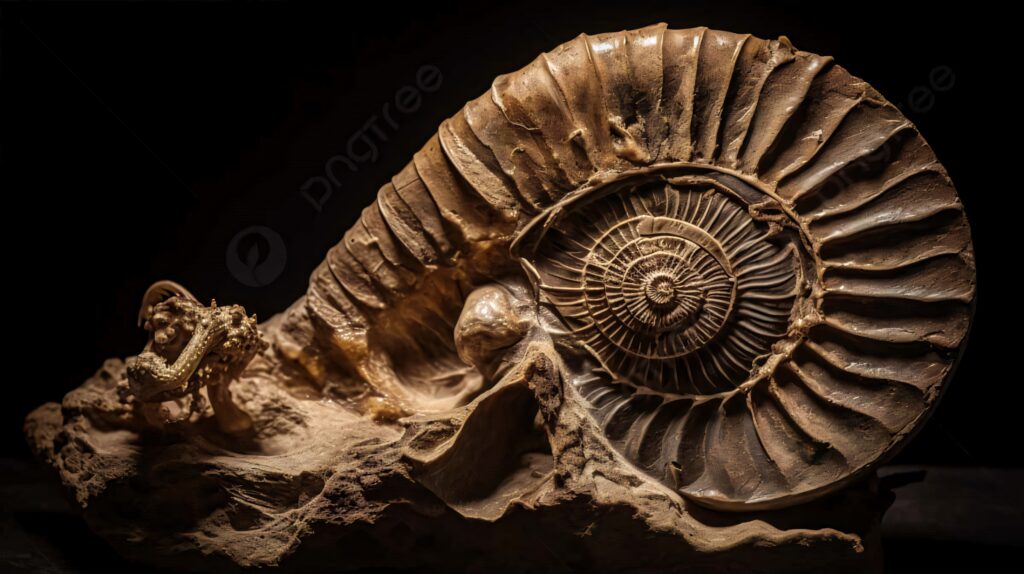 Close-up of an ancient ammonite fossil spiral shell with detailed texture on dark background wallpaper