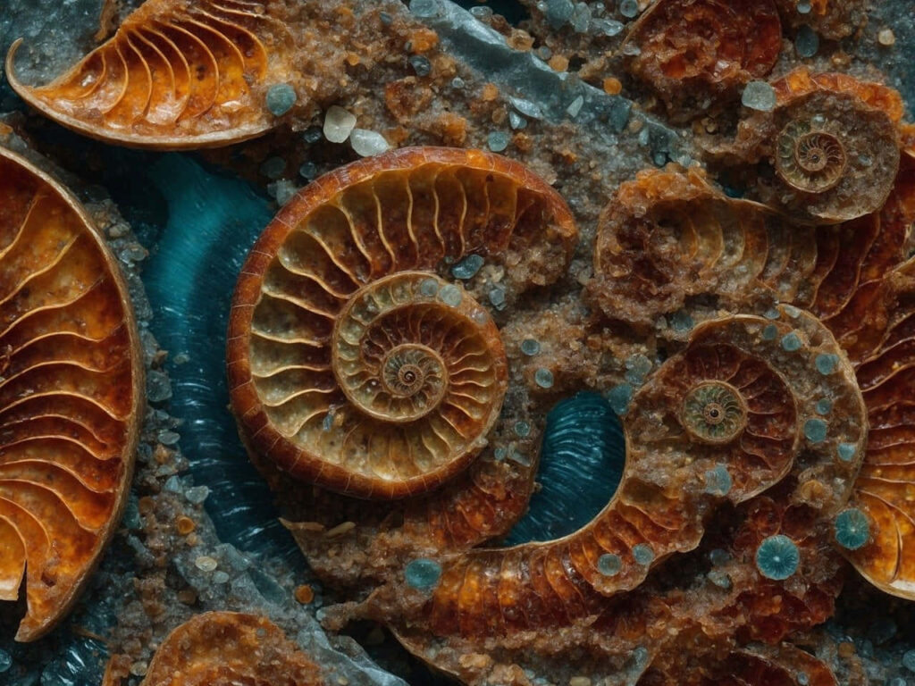 Close-up of ancient ammonite fossils with detailed spiral patterns and natural stone textures wallpaper