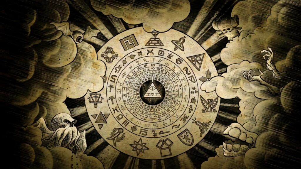 Bill Cipher symbol wallpaper with ancient mystical symbols on parchment background Gravity Falls