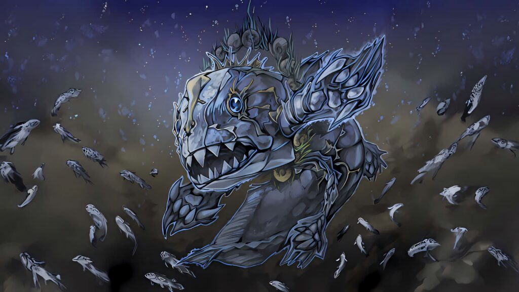 Ancient coelacanth digital art wallpaper with blue silver hues and smaller deep sea fish background