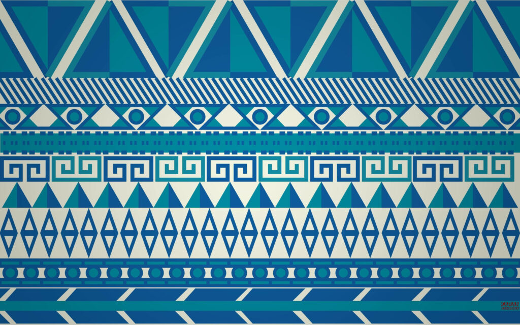 Modern geometric wallpaper with Aztec pattern in blue teal and beige horizontal design